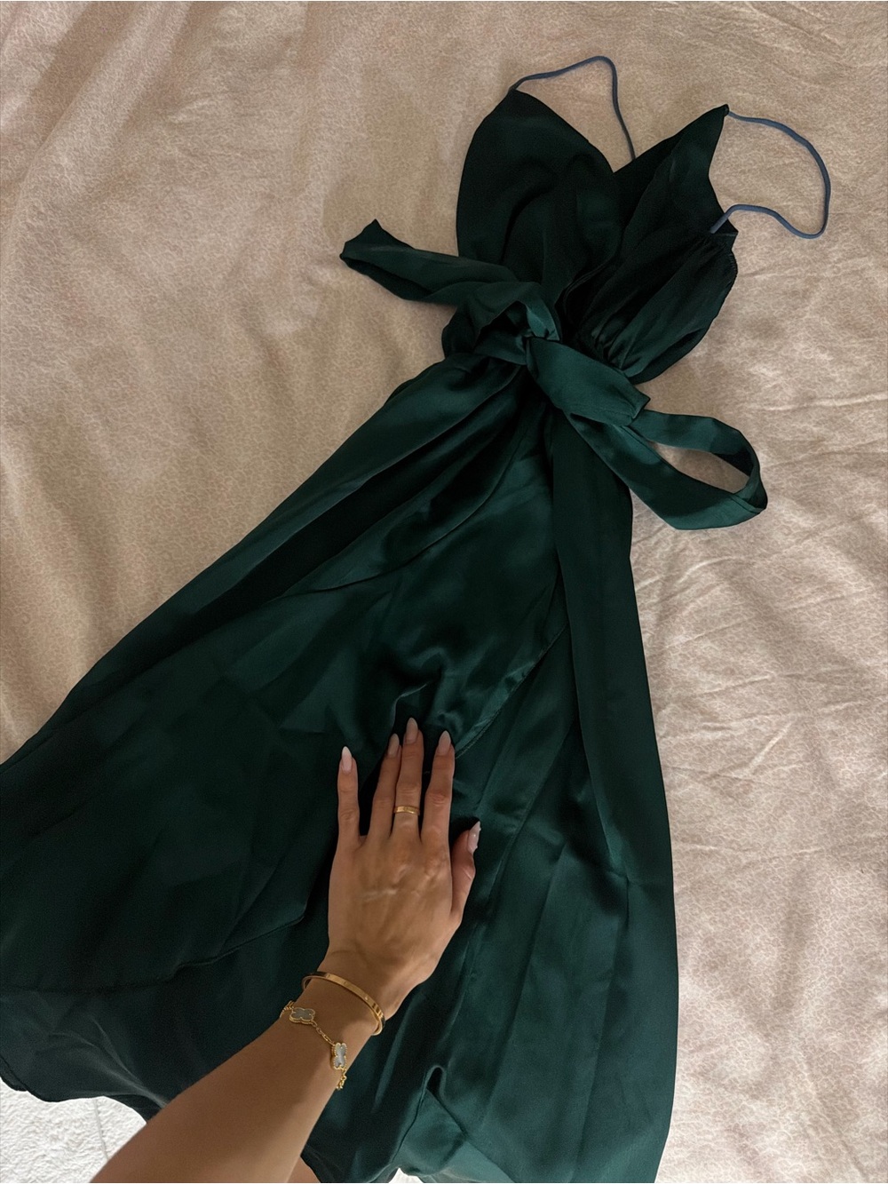 Silk-Look Emerald Green Slip Dress with Tie Waist